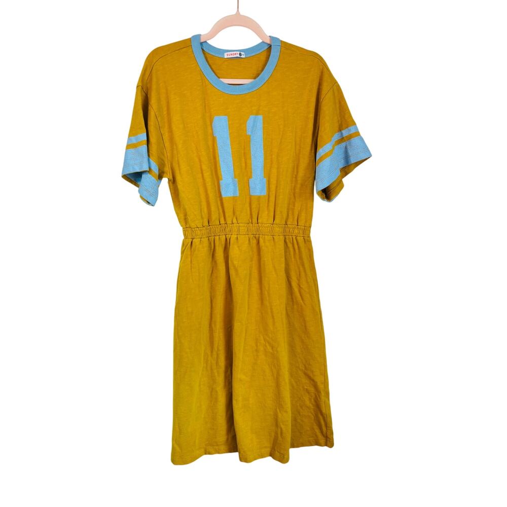 Anthropologie Sundry Vintage Look Rugby Jersey Dress Size‎ Medium Yellow Blue